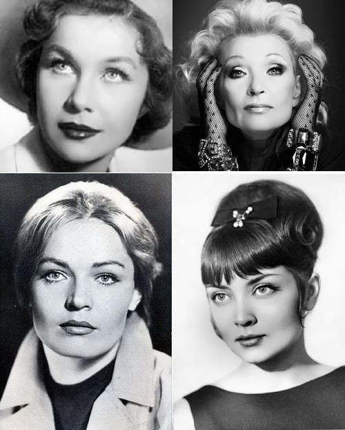 Collage of four vintage black-and-white portraits of women, each with classic mid‑century hairstyles and poised expressions.
